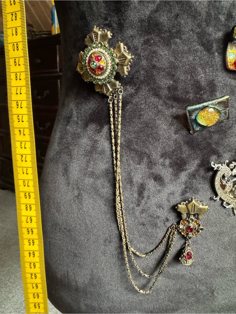 Sweet Romance Gold-Tone Brooch Chain with Red and Green Stones